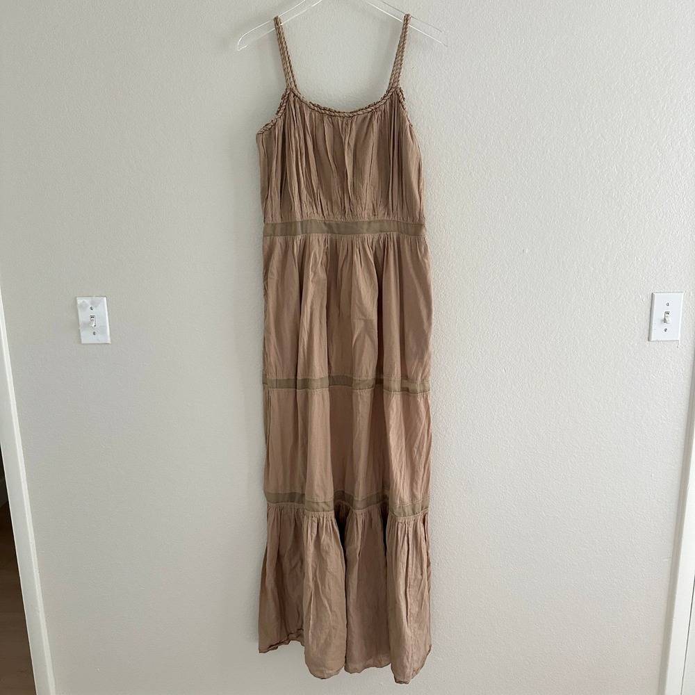 Alberta Ferretti for Impulse Maxi Dress Womens 12 Tan Braided Tiered Cotton